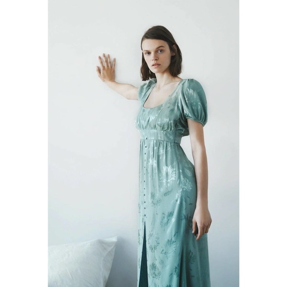 Zara Floral Jaquard Sage Green Dress, Size M - Picture 2 of 9